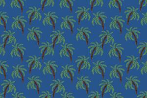 Seamless pattern featuring stylized palm trees with green leaves and brown trunks on a deep blue background. Ideal for tropical themed designs, textiles, wallpapers, and beachwear prints vector