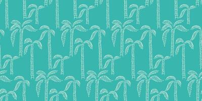 Seamless pattern of hand drawn palm trees with textured trunks and curved leaves on a turquoise background. Tropical, minimalist, and elegant, ornament for fashion, textiles, wallpapers vector
