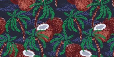 Seamless tropical pattern with hand drawn coconut palm trees and brown coconuts on a deep navy background with clouds. Detailed vintage style texture, perfect for textiles, wallpapers, packaging vector