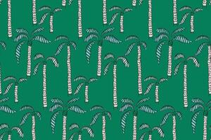 Seamless tropical pattern featuring hand drawn palm trees with textured trunks and curved leaves on a green background. Ideal for summer themed designs, textiles, wallpapers, and packaging. vector