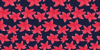 Seamless pattern with bright red tropical flowers on a deep navy background. The bold, vibrant floral design is ideal for fabrics, wallpapers, wrapping paper, and summer-themed projects. vector