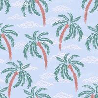 Pastel seamless tropical pattern featuring green palm trees with textured trunks and stylized clouds on a soft blue background. Perfect for summer, beach, and travel themed designs vector