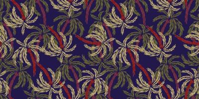 Seamless tropical pattern featuring artistic palm trees with expressive brushstroke style leaves in greenery and green on a deep navy background. Perfect for textiles, wallpapers, beachwear vector