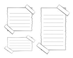 Hand drawn torn memo paper, sticky note, reminder, to do list, sticky tape. Bullet journal elements in line art doodle style. vector