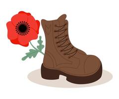 Military veteran boot with red poppy flower in flat style. vector