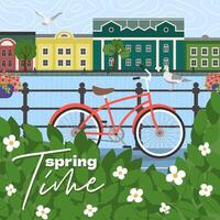 Artwork drawing square banner. Features spring scene with bicycle in urban park setting. Lively city atmosphere with river and trees. Perfect for outdoor activities or lifestyle themes. vector