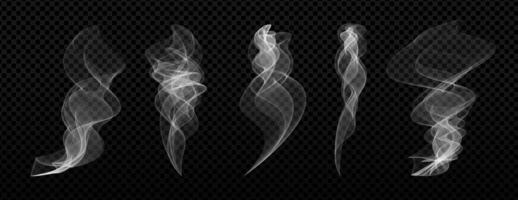 Realistic steam and smoke set on black background. Transparent hot vapor, fog and mist from coffee, tea, fire or cigars. Abstract white smoky elements for weather, drink or explosion design. vector
