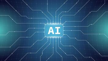 Futuristic AI technology banner. Microchip and neural network connections. Artificial intelligence and machine learning modern digital style illustration. Chatbot development or cyber innovation. vector