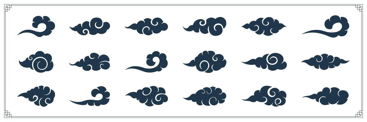 Asian cloud set with swirling brush curves. Traditional Chinese, Japanese and Korean ornament elements. Decorative vintage symbols for sky, weather or New Year festival design.