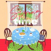 Artwork drawing square banner. Features cozy indoor spring scene with table and tea or coffee service. Countryside interior with warm comfortable atmosphere. Perfect for breakfast or teatime themes. vector