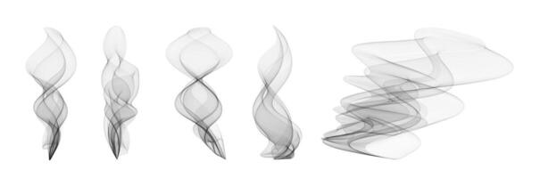 Transparent steam and smoke set on white. Realistic hot vapor trails from coffee, tea, or fire. Abstract fog and mist with smooth curves. Isolated icons for food, liquid or magic effect. vector