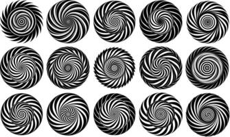 Collection of mesmerizing optical illusion spiral patterns in black and white. vector