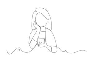 Depressed woman sitting with mobile phone continuous line art drawing. vector