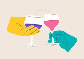 Two hands clinking wine glasses. Colorful illustration vector