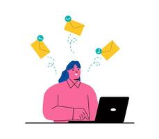 Email processing, efficiency or productivity, business woman checks mail. Flat illustration isolated on white background vector