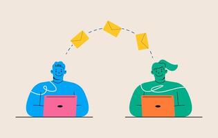 Man and woman chatting and communicates online by sending digital letters to each other using laptops. Colorful illustration vector