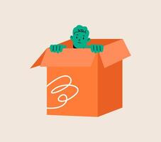 Man hiding in cardboard box. Anxiety concept. Colorful illustration vector