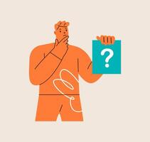 Work questions, doubts, hypotheses. Man is holding a card with a question mark. Colorful illustration vector