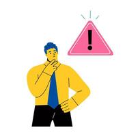 Exclamation point, error, warning, limitation. A pensive business man stands at the exclamation mark. Error, warning, limitation. Flat illustration isolated on white background vector