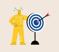 Man holding dart board with direct hit on target. Goal achievement, victory. Marketing strategy. Colorful illustration vector