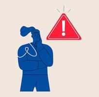 Exclamation point, error, warning, limitation. A pensive woman stands at the exclamation mark. Error, warning, limitation. Colorful illustration vector