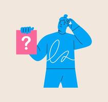 PrintWork questions, doubts, hypotheses. Woman is holding a card with a question mark. Colorful illustration vector