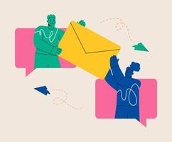 Man and woman pass each other a large envelope. Correspondence, communication. Colorful illustration vector