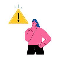 Exclamation point, error, warning, limitation. A pensive business woman stands at the exclamation mark. Error, warning, limitation. Flat illustration isolated on white background vector