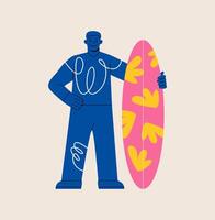 Man standing with surfboard. Colorful illustration vector