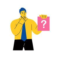 Work questions, doubts, hypotheses. Business man is holding a card with a question mark. Flat illustration isolated on white background vector