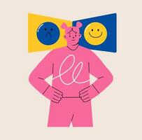 Woman is next to two icons with sad and cheerful faces. Choice of mood. Colorful illustration vector