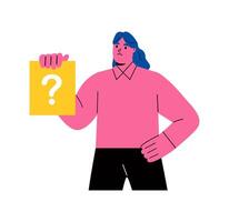 Work questions, doubts, hypotheses. Business woman is holding a card with a question mark. Flat illustration isolated on white background vector