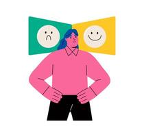 Business woman is next to two icons with sad and cheerful faces. Choice of mood. Flat illustration isolated on white background vector