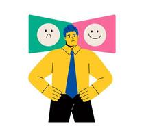 Business man is next to two icons with sad and cheerful faces. Choice of mood. Flat illustration isolated on white background vector