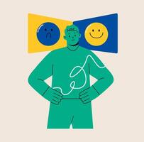 Man is next to two icons with sad and cheerful faces. Choice of mood. Colorful illustration vector