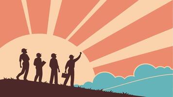 illustration of workers silhouettes with sunburst in the background, May 1st, Labour Day concept, Happy Labour Day vector