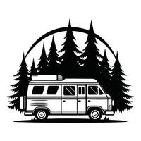 A black and white image of a van with mountains in the background, camper van illustration vector