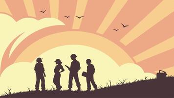 illustration of workers silhouettes with sunburst in the background, May 1st, Labour Day concept, Happy Labour Day, Labor Day vector