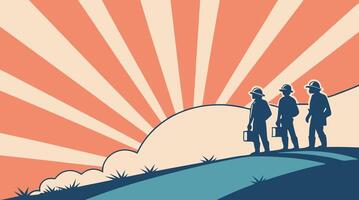 illustration of workers silhouettes with sunburst in the background. vector