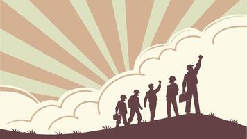 illustration of workers silhouettes with sunburst in the background, May Day concept, Happy Labour Day, Labor Day vector