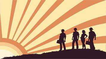 illustration of workers silhouettes with sunburst in the background, Labour Day concept vector