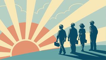 illustration of workers silhouettes with sunburst in the background, Labour Day concept, Happy Labour Day, Labor Day vector