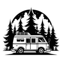 A black and white image of a van with mountains in the background, camper van illustration, illustration of a van vector