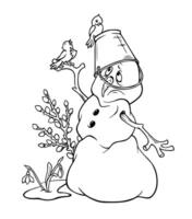A melting snowman with a bucket on his head sadly looks at a singing bird sitting on his hand. The first days of spring. Hand drawn black and white outline illustration for a coloring book or postcard vector