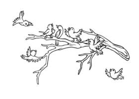 Little cartoon birds fly around a bare tree branch, chirping and singing cheerfully. Signs of spring. Hand-drawn outline season composition for a postcard and coloring book vector