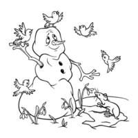 A melting snowman rejoices at the arrival of spring and the primroses, together with birds flying and singing near him. Outline illustration for a coloring book, magazine or spring postcard vector