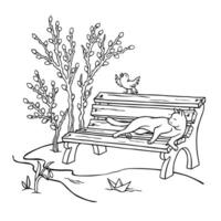A cat lounges on a bench against blossoming willow bush, near which a paper boat floats in a stream of melting snow. Signs of spring. Outline illustration of a seasonal scene in a park or outdoor yard vector