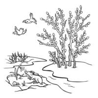 Spring landscape. Hand drawn outline seasonal illustration with melting snow, stream, thawed patch, blooming willow bush, mouse sniffing snowdrop and singing birds. Signs of Spring Coloring Page. vector