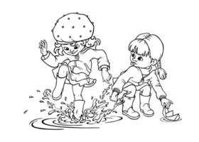 A girl squatting down to pick up a paper boat out of a puddle looks with displeasure at another girl who is jumping and stomping happily in a puddle after the rain. Hand-drawn outline illustration vector