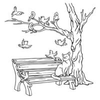 A cat sitting on an old bench under a leafless tree, squinting, watches the birds flying and singing on a branch. Signs of spring. Outline hand-drawn illustration for a coloring book or postcard vector